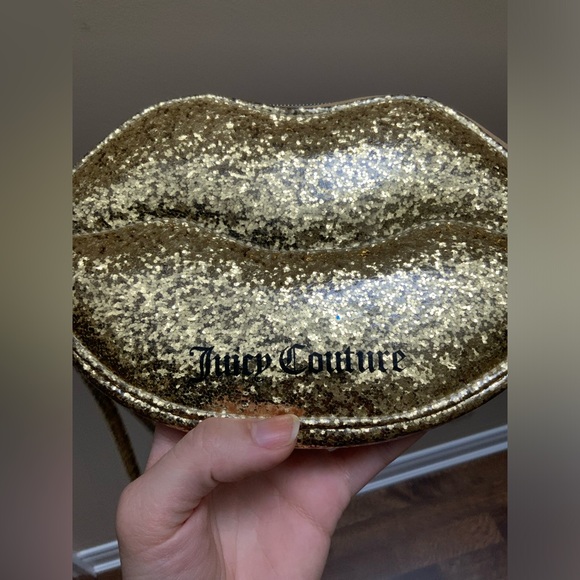 Y2K Vintage JUICY COUTURE Glitter Sparkly Shiny Gold Lips Wristlet Bag Women’s - Picture 8 of 16